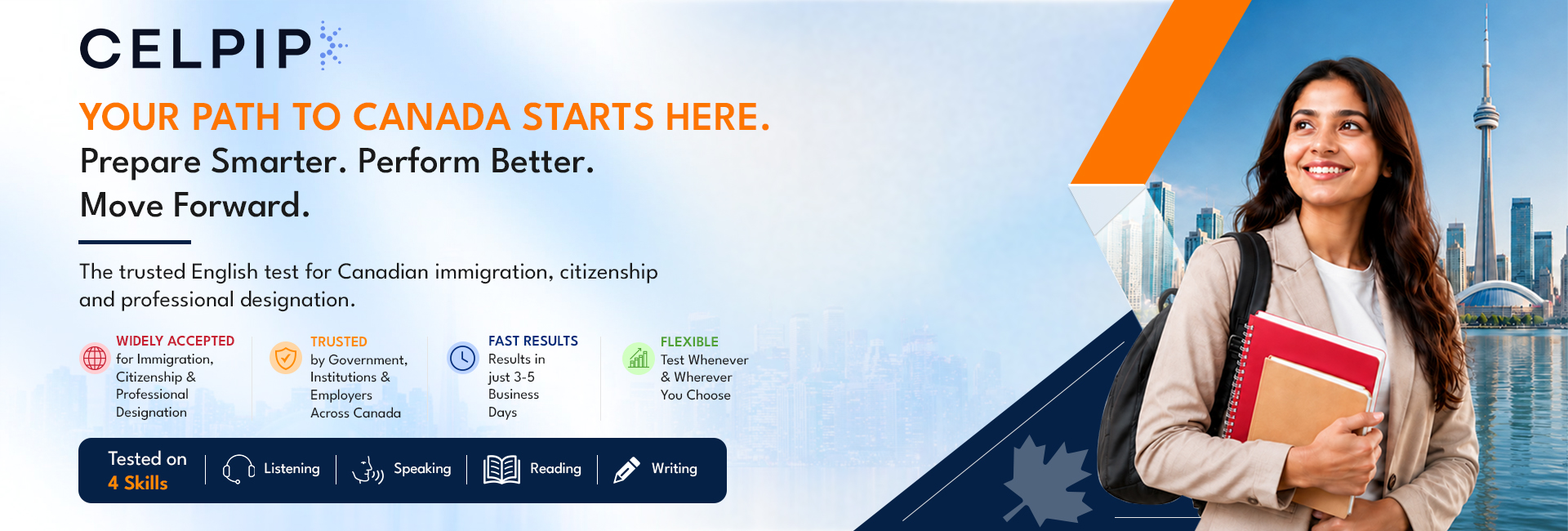 CELPIP - your path to Canada starts here. Prepare smarter, perform better, move forward. The trusted English test for Canadian immigration, citizenship and professional designation. Results in 3-5 business days. Tested on listening, speaking, reading and writing.